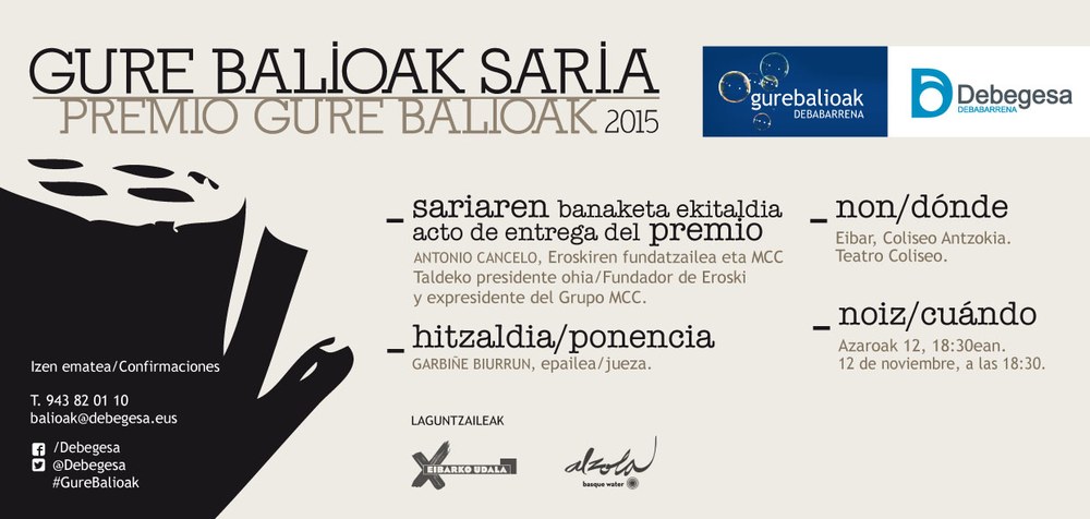 Antonio Cancelok, Eroskiren sortzaileak eta MCC Taldeko presidente ohiak, Gure Balioak Saria 2015 jasoko du