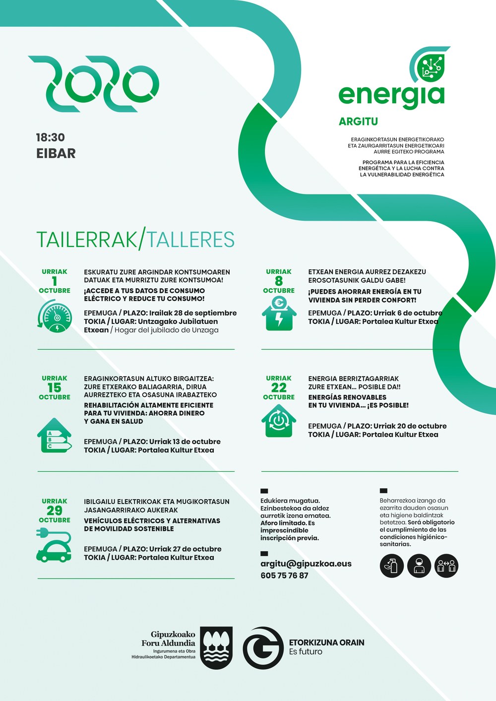 Itzuli dira "Argitu Tailerrak", eraginkortasun energetikorako eta zaurgarritasun energetikoari aurre egiteko programaren baitan Argitu tailerren 2020ko kartela.