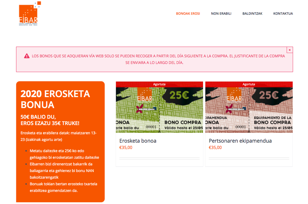 Eibarko dendetako erosketa-bonuak atzo, asteazkena, agortu ziren, salgai jarri ziren lehen egunean nikeibarrenerostendot.eus webgunearen irudia.