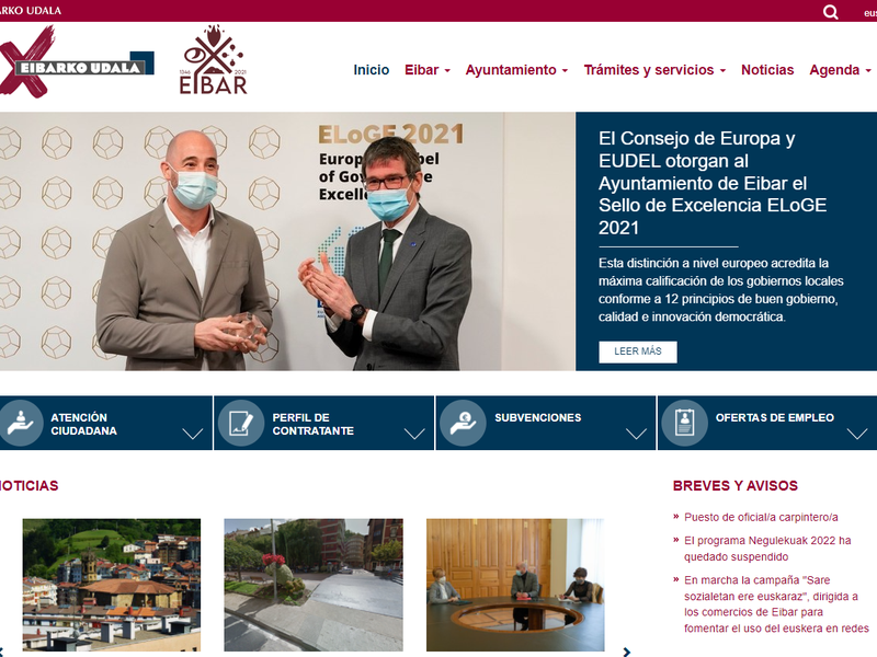 Eibarko udal webgunearen orrialde nagusia.