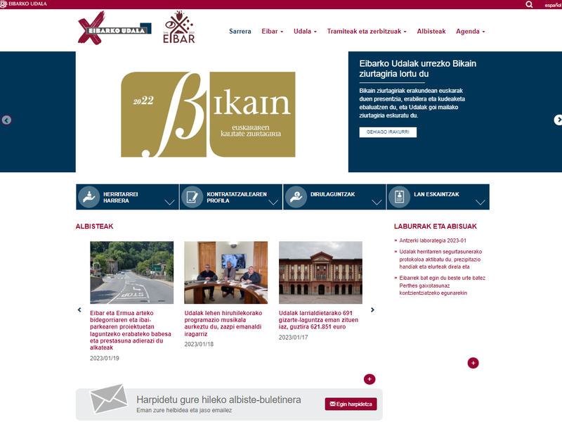 www.eibar.eus udal webguneko orrialde nagusiaren irudia.