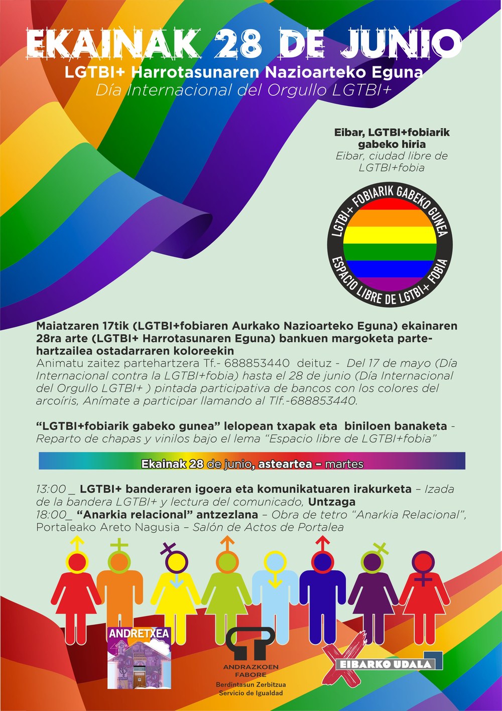 Eibarko Udalak bat egingo du aurten ere LGTBIQ+ Harrotasunaren Egunarekin LGTBIQ+ Harrotasunaren Egunaren baitan antolatu diren ekitaldien kartela.