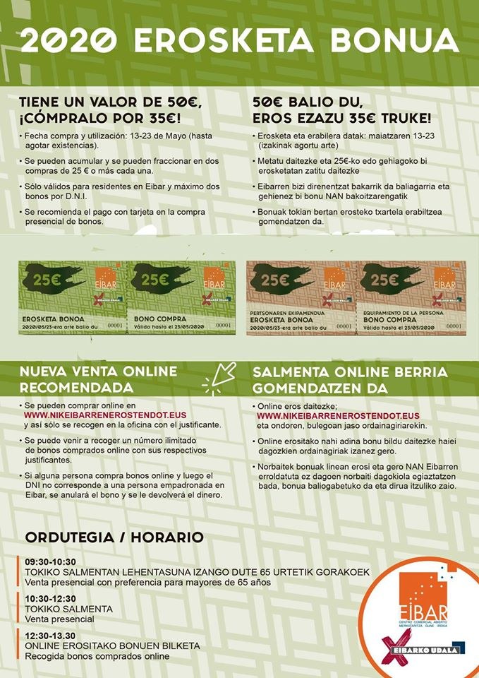 Eibarko Udalak diruz lagunduko du erosketa-bonuen kanpaina berri bat, % 30eko deskontuekin ehun bat establezimendutan Erosketa-bonuen kanpaina berriaren kartela.