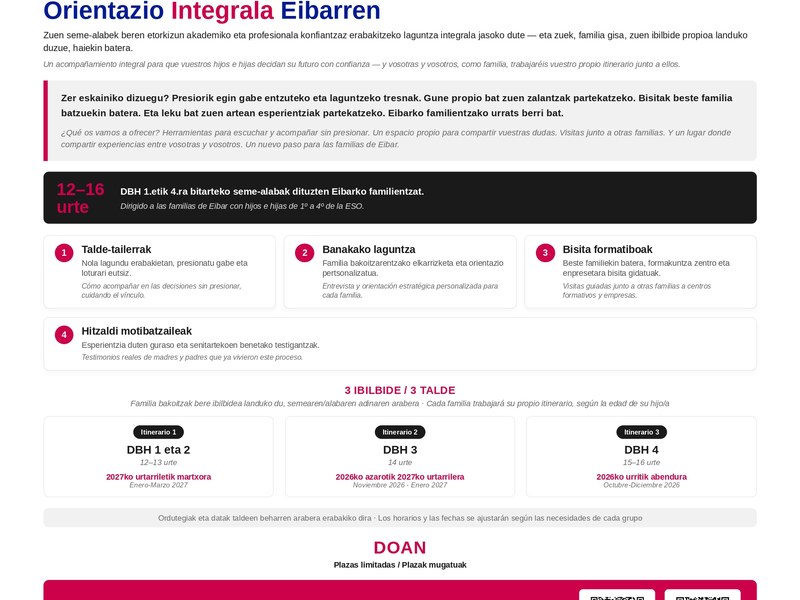 Eibarko Udalak orientazio-zerbitzu integral bat jarriko du martxan DBHko gazteentzat eta haien familientzat