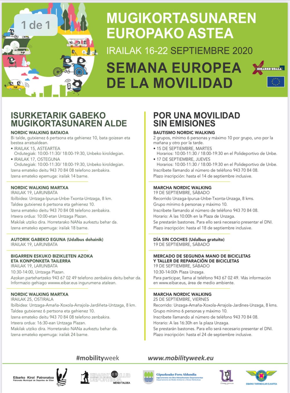 Eibarrek bat egingo du beste behin Mugikortasunaren Europako Astearekin Mugikortasunaren Europako Astea.