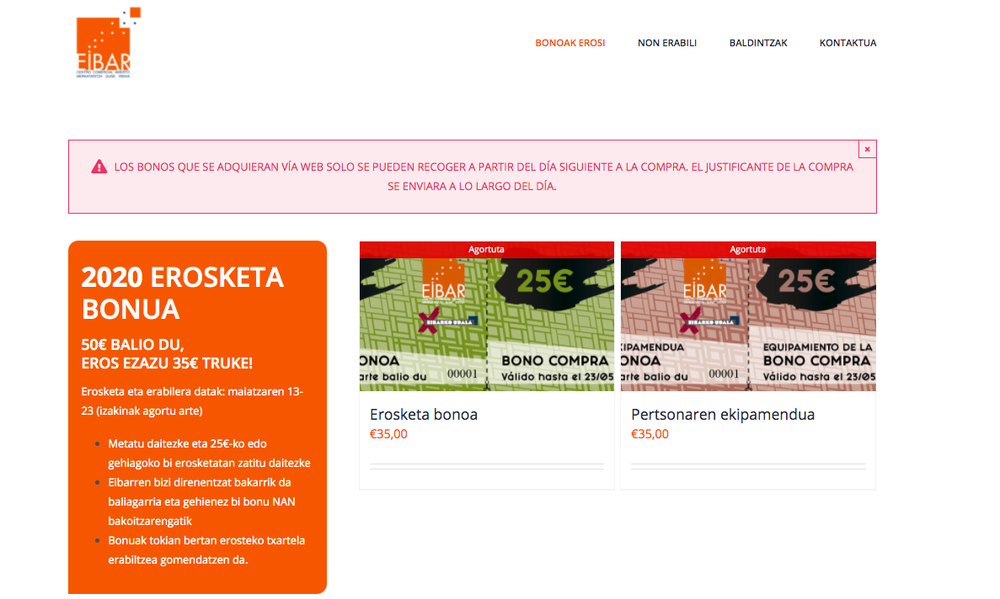 Erosketa-bonuen kanpainaren arrakastaren ondoren, Eibar Merkataritza Gune Irekiak aldaketak egingo ditu datozen kanpainetan funtzionamendua hobetzeko Nikeibarrenerostendot.eus web orriaren irudia.