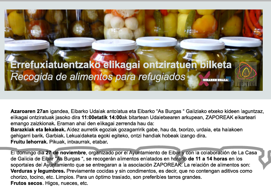 Errefuxiatuentzako elikagai ontziratuen bilketa hartuko du Untzagak igandean