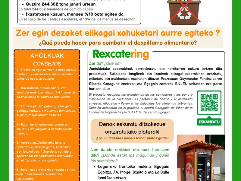 Eskolako Agenda 2030 programan parte hartu duten Eibarko zazpi ikastetxek “Ez dira soberakinak, janaria da!” kanpaina jarri dute martxan, elikagaiak alferrik galtzearen gaineko sentsibilizazioa lantze aldera
