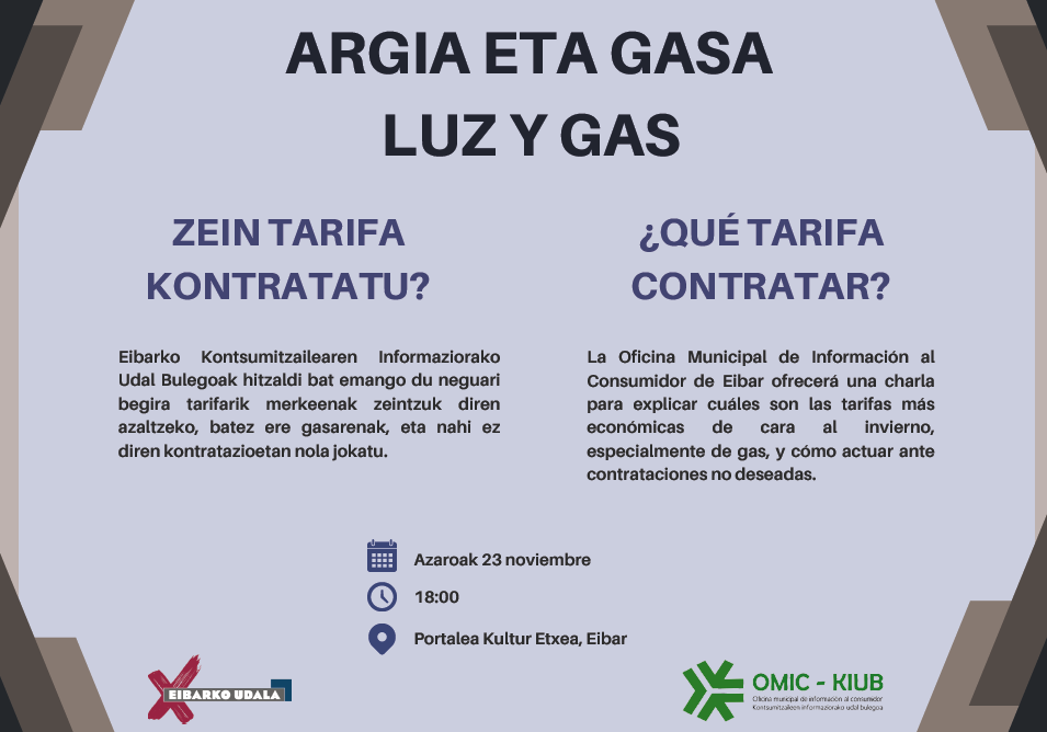 Kontratu eta argi- eta gas-hornidurei buruzko hitzaldia emango da Portalean azaroaren 23an Kontratu eta argi- eta gas-hornidurei buruzko hitzaldia emango da Portalean azaroaren 23an.