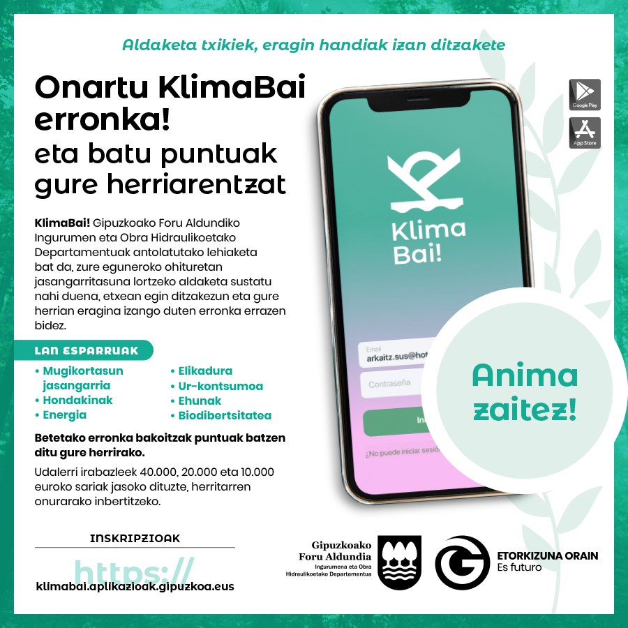 Udalak herritarrak 'Klima Bai!' lehiaketan parte hartzera animatzen ditu Udalak herritarrak 'Klima bai!' lehiaketan parte hartzera animatzen ditu.
