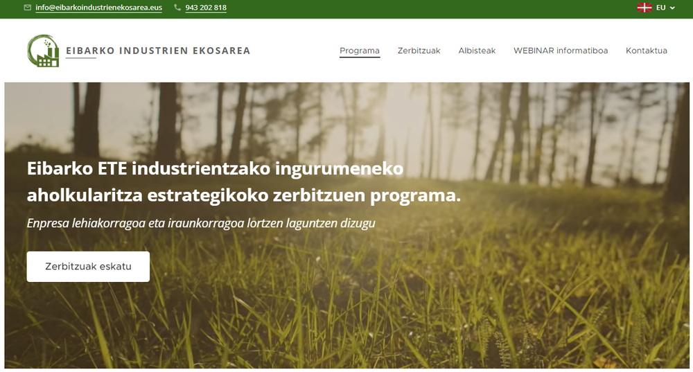 Udalak industria-enpresa txiki eta ertainen lehiakortasuna handitzeko programa bat jarri du martxan, ingurumen-iraunkortasunarekin lotutako ekintzak ezarriz Eibarko Industrien Ekosarea web orriaren orrialde nagusiko irudia (www.eibarkoindustrienekosarea.eus).