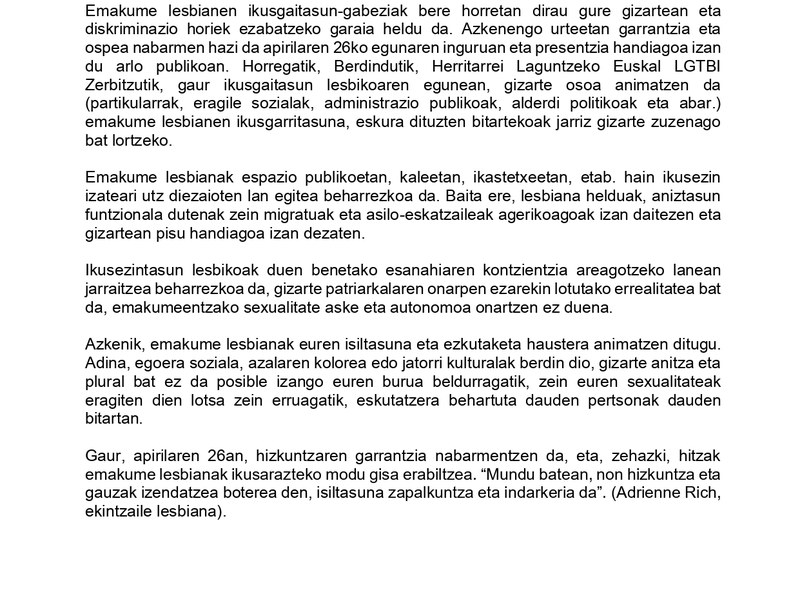 Apirilak 26-Ikusgaitasun lesbikoaren eguna Apirilak 26-Ikusgaitasun lesbikoaren eguna