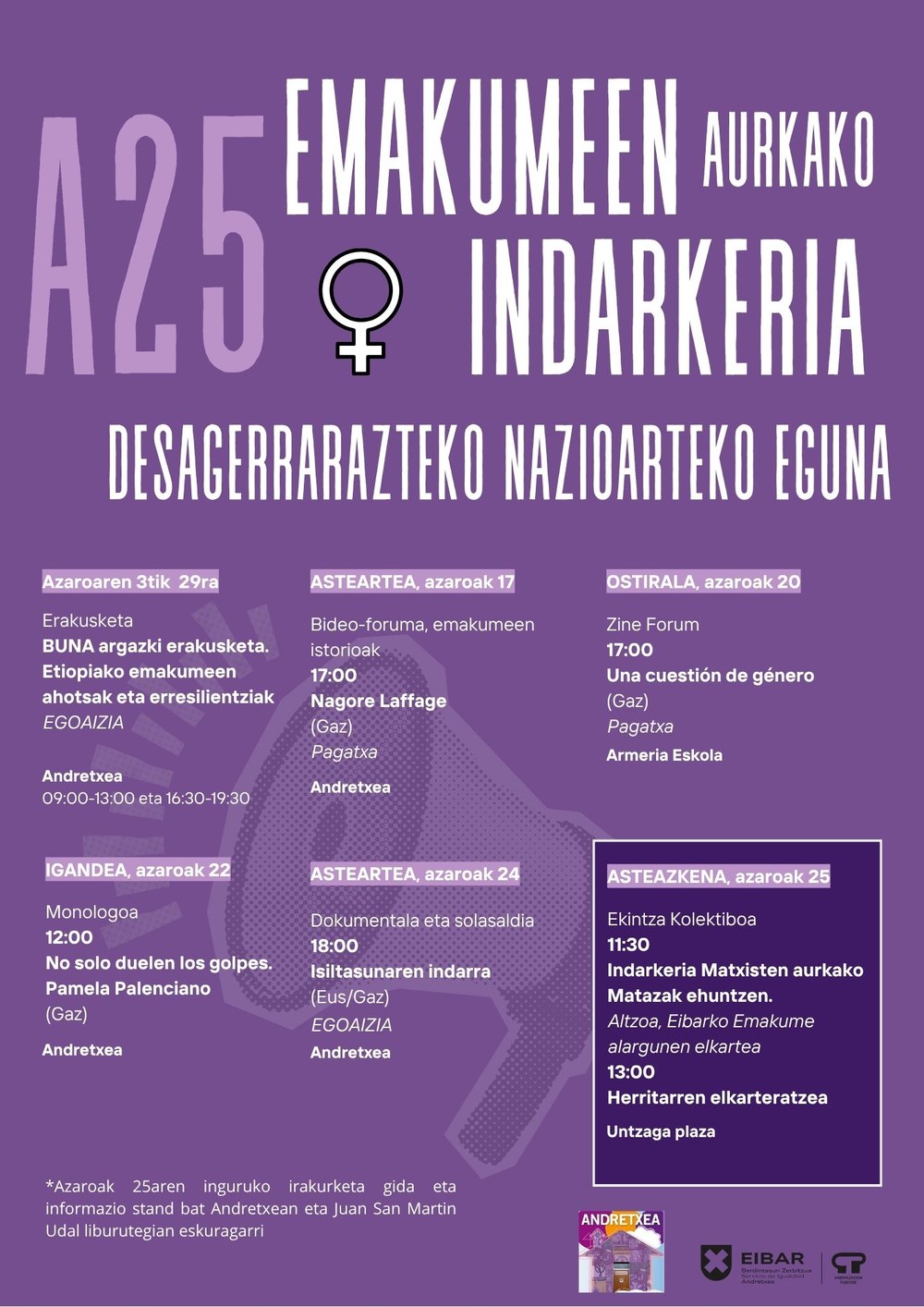 Azaroaren 25eko Emakumeenganako Indarkeriaren Kontrako Nazioarteko Egunaren programazioa prest