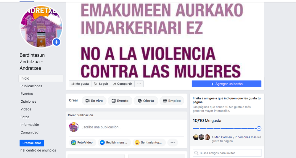 "Berdintasun Zerbitzua - Andretxea" Facebookeko orrialde ofizial berriaren irudia.