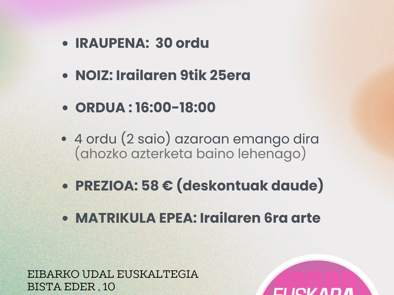 30 orduko ikastaroa irailean