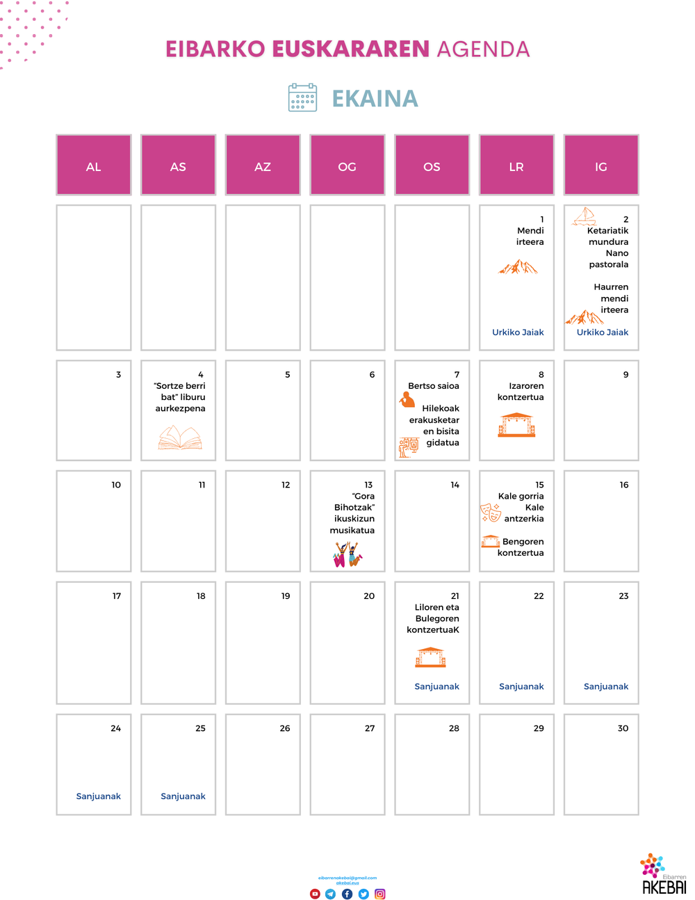 Eibarko euskararen agenda: ekaina Euskararen agenda ekaina