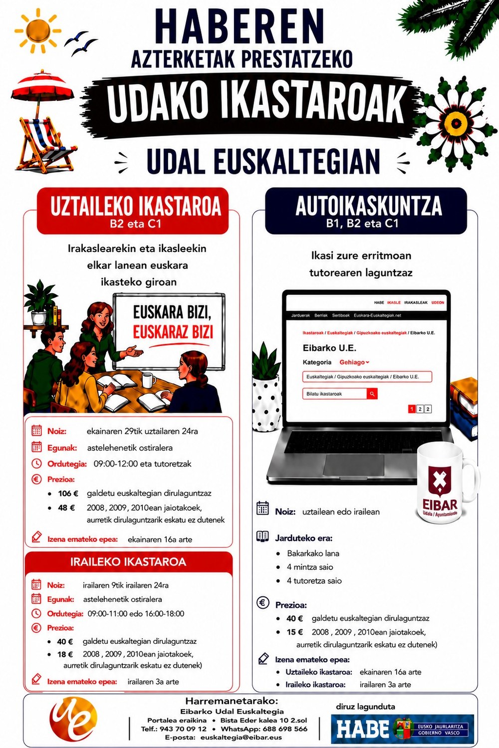 Eibarko Udal Euskaltegiak eskaintzen dituen Udako ikastaroen inguruko informazioa