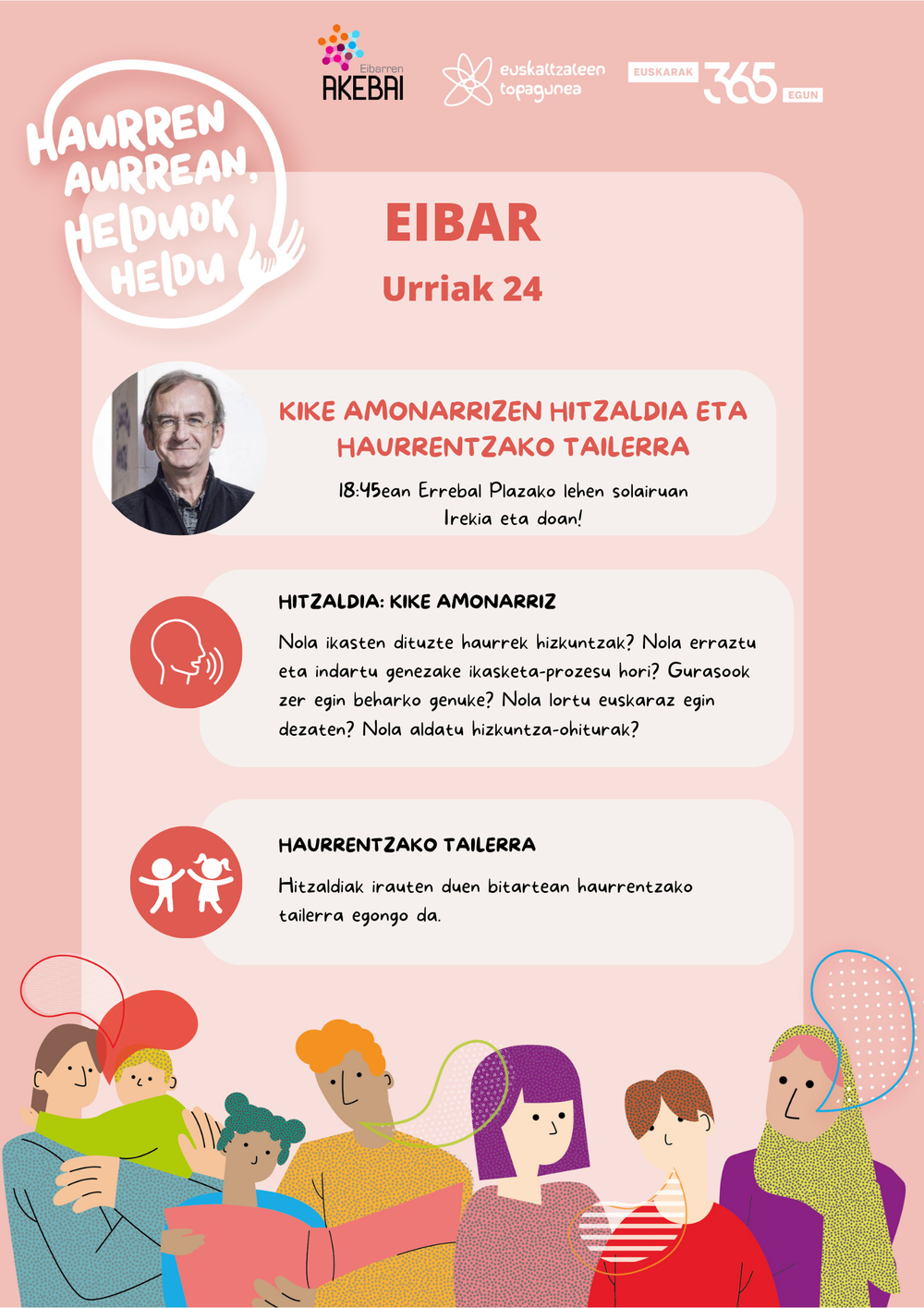 Kike Amonarrizek “Haurren aurrean, helduok heldu” hitzaldia emango du urriaren 24an, 18:45ean Errebal Plazako lehen solairuan Kike Amonarrizen hitzaldirako kartela