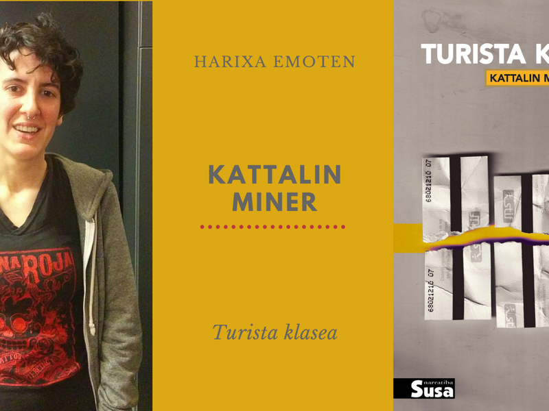Idazlearekin harixa emoten: Kattalin Miner Ekitaldiaren kartela (idazlea + liburuaren azala)