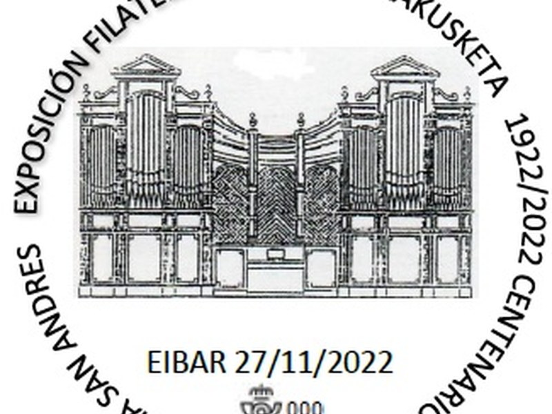 Arrate Filatelia Elkarteak San Andres elizako organoaren mendeurrena dakar gogora 2022ko zigilu-marka, San Andres elizako organoa