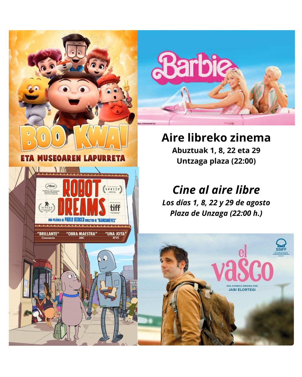 Berriz ere aire libreko zinema egongo da abuztuan Lau filmen kartela.
