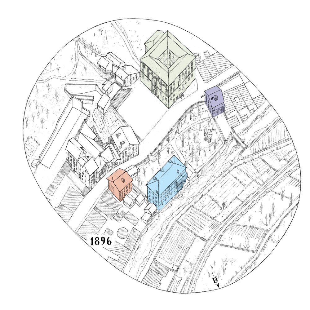 Eibarko Untzaga plazaren bilakabidea liburua aurten argitaratuko du Ego Ibarra Batzordeak Untzaga plaza 1896an: Untzagako jauregia, Errege-etxea, Areitio etxea… Marrazkiak: Javier Martin
