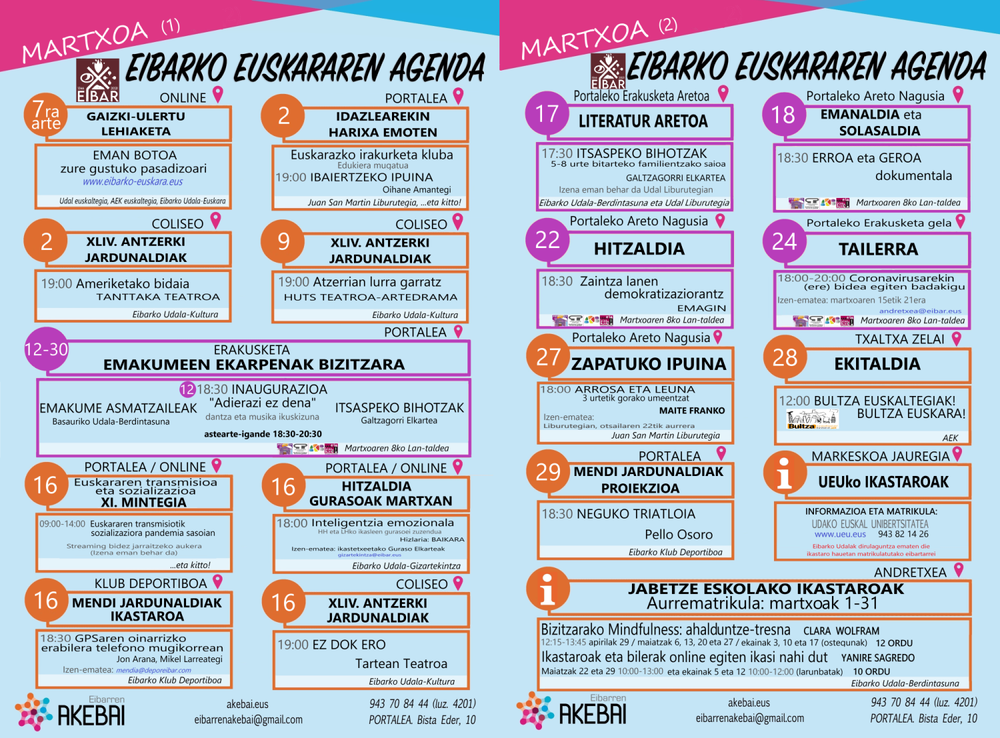 Euskararen agenda. Martxoa 2021eko martxoko agenda