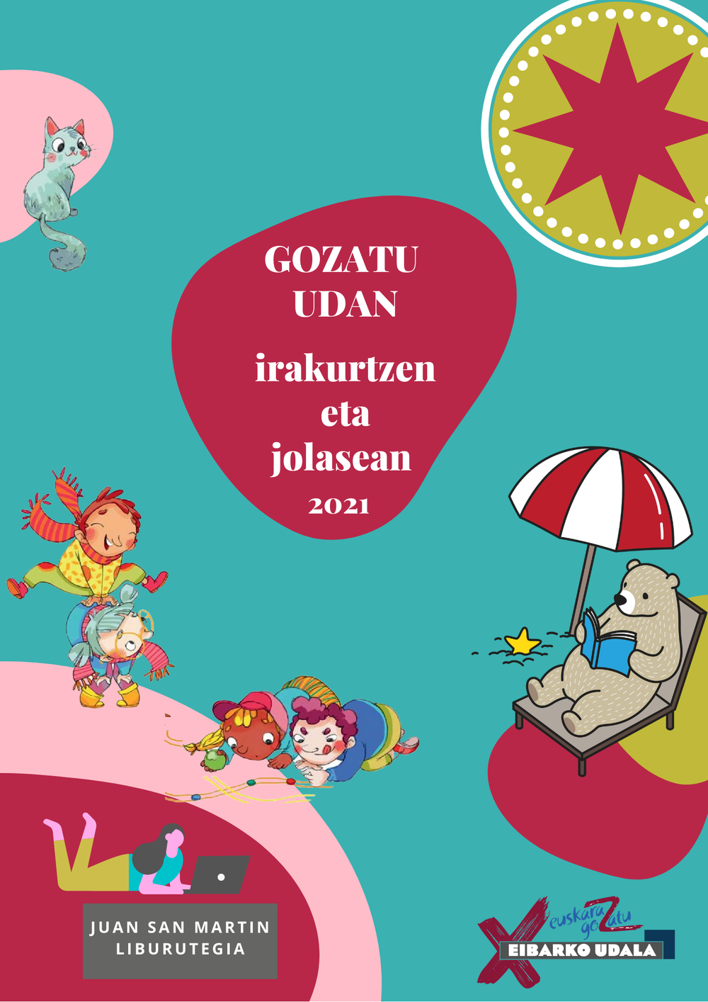 "Gozatu udan irakurtzen eta jolasean": familientzako gida Udaleko Euskara Zerbitzuak eta Juan San Martin Liburutegiak prestatu duten gidaren azala