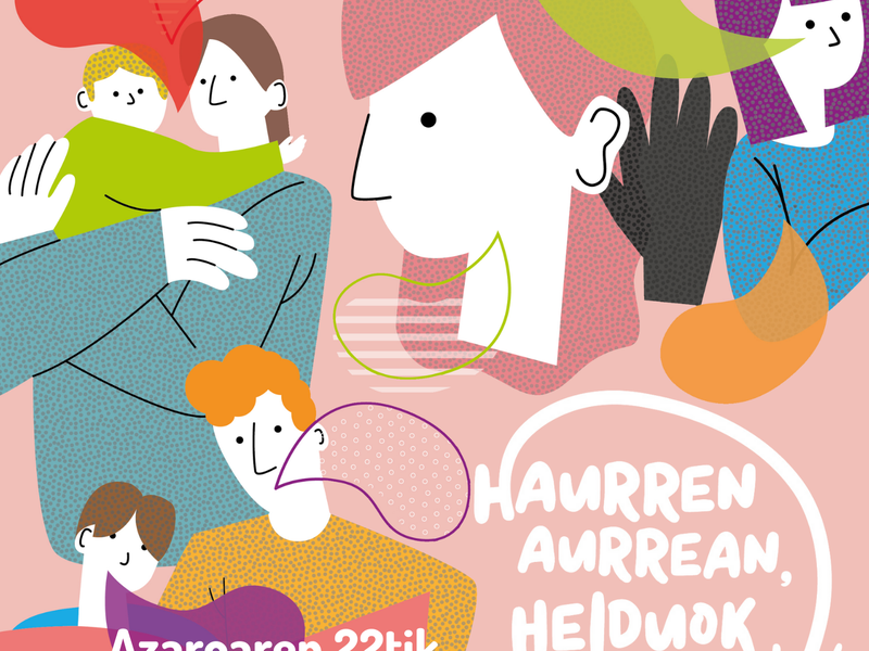 Haurren aurrean, helduok heldu Ekimena iragartzeko kartela