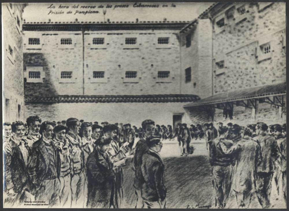 Jesus Gutierrezek “La revolución de octubre de 1934 en Eibar" izeneko hitzaldia emango du Armeria Eskolan, urriaren 14an, 19:30ean, “Eibartik Eibarrera” izeneko zikloaren barruan. “La hora de recreo de los presos eibarreses en la prisión de Pamplona”, Luis Marcanok egindako marrazkia.