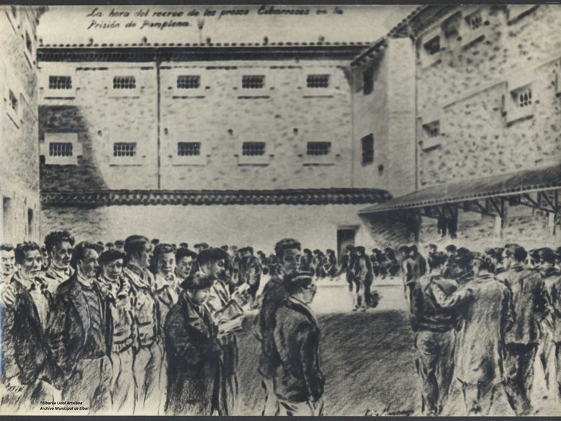 “La hora de recreo de los presos eibarreses en la prisión de Pamplona”, Luis Marcanok egindako marrazkia.