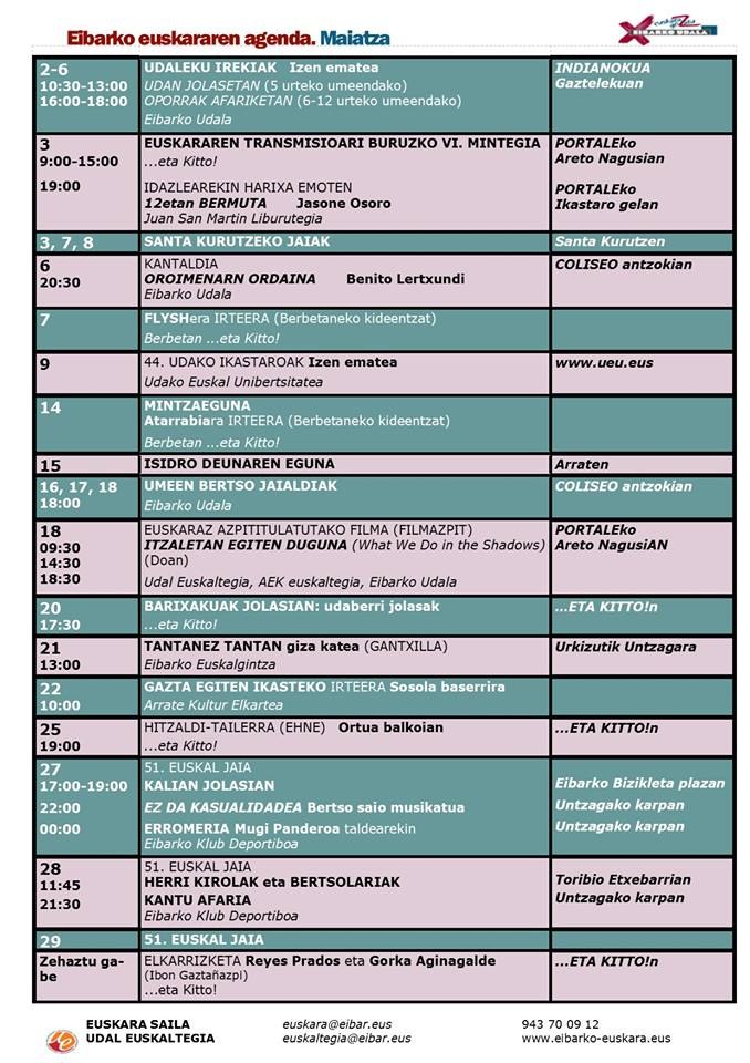 Maiatzeko euskararen agenda argitaratu da