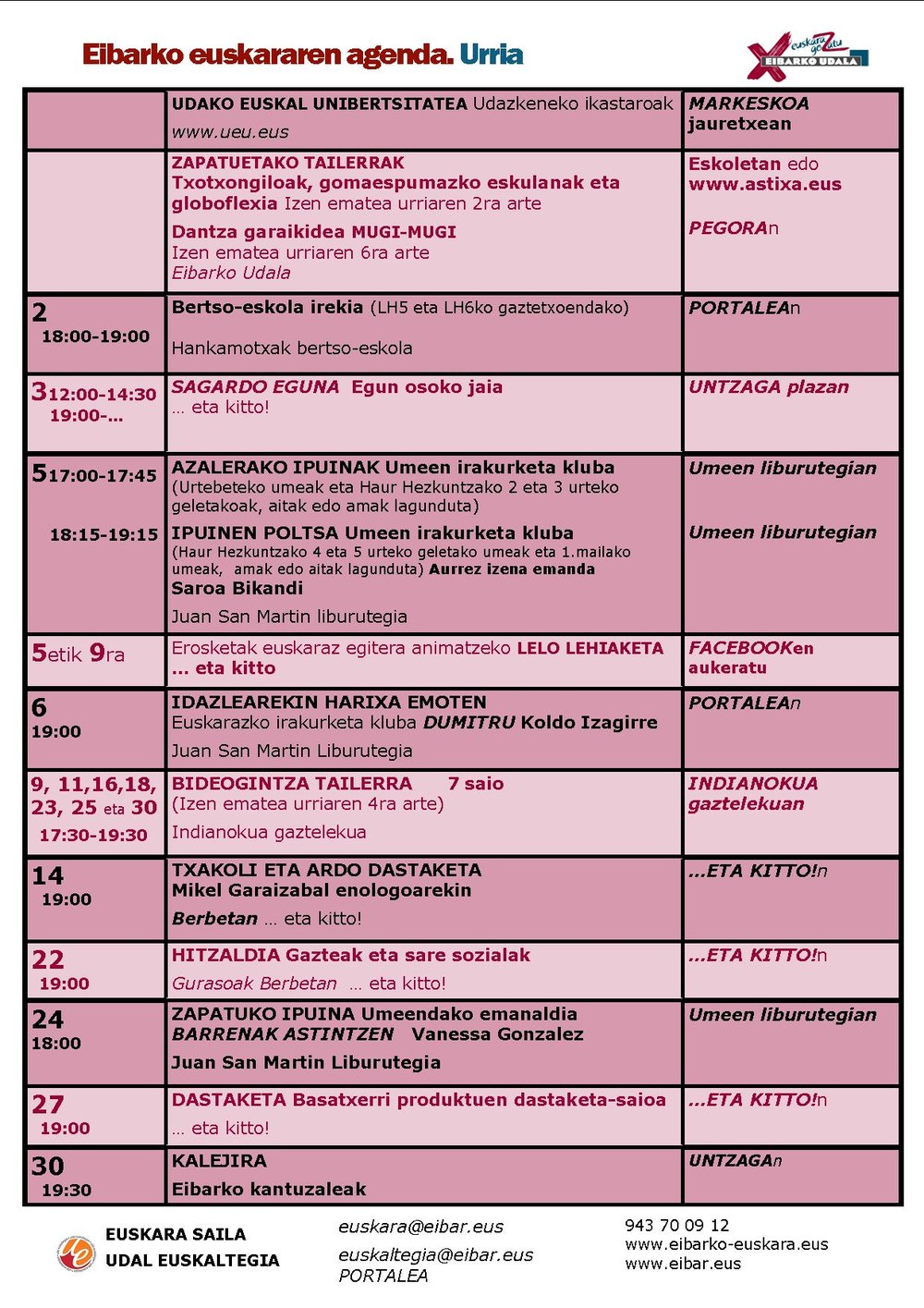 Urriko euskararen agenda argitaratu da